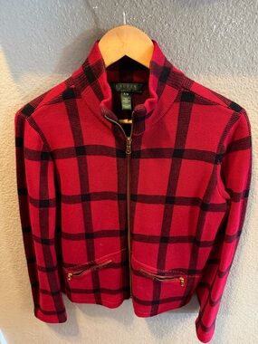 Lauren Ralph Lauren Plaid Jacket Red Black Zip Up Cotton Size PM